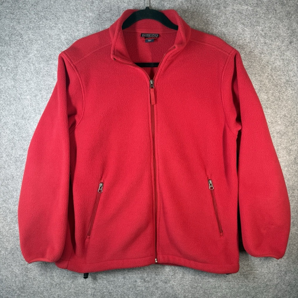 Lands' End Womens M Petite 10-12 Red Fleece Jacket Full Zip Zip Pockets